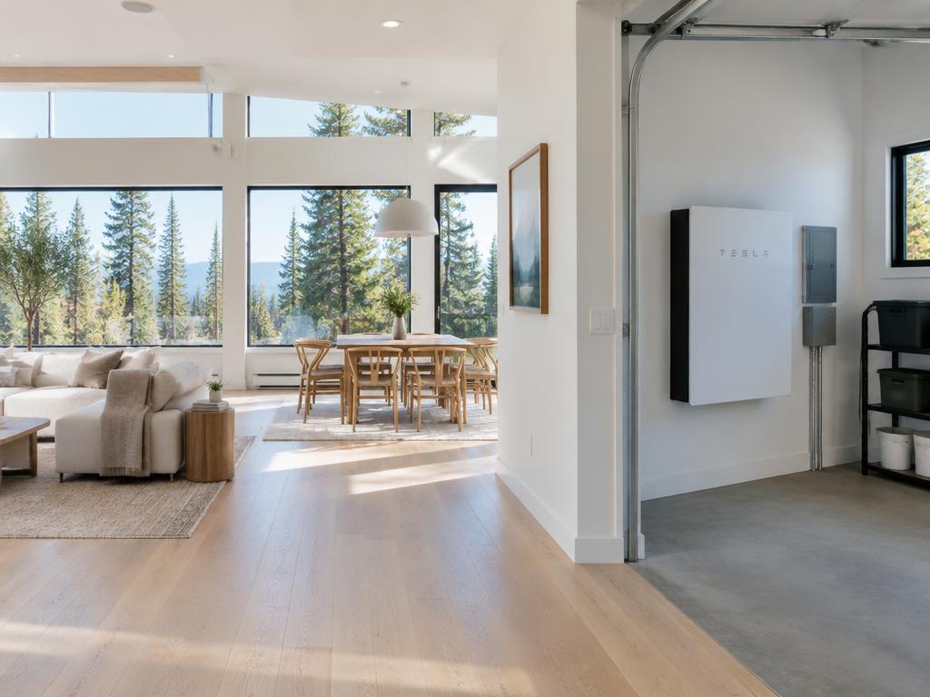 Bright home interior with a wall-mounted home battery